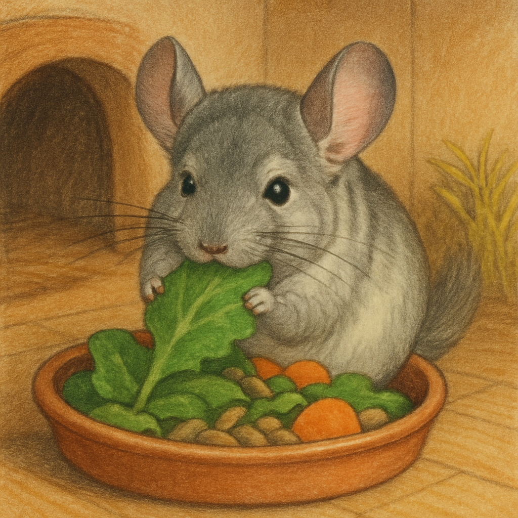 A chinchilla enjoying a nutritious meal in a cozy home