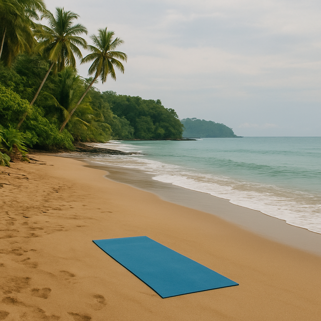 A serene Costa Rican beach with lush greenery and a yoga mat
