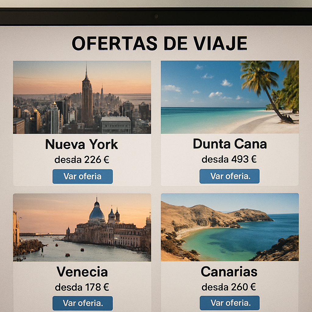 Pantalla de computadora mostrando ofertas de viaje