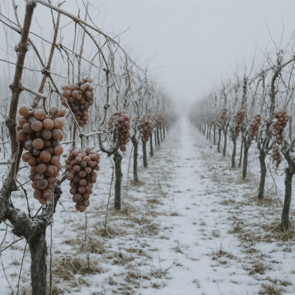 A vineyard in winter with frozen grapes waiting to be harvested