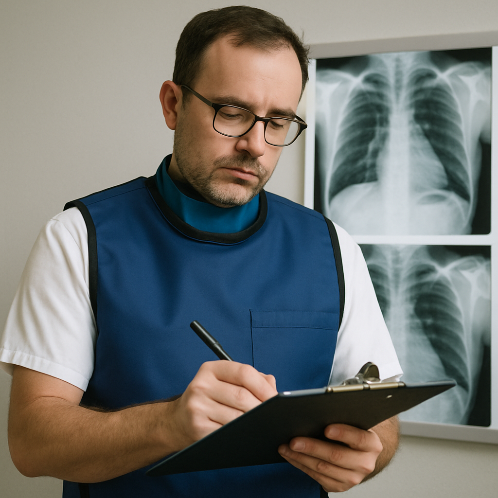 Radiologist wearing lead apron with clipboard