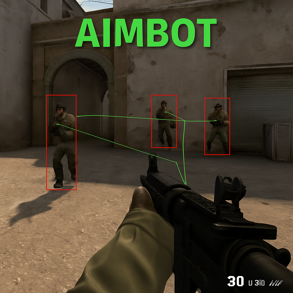 Gameplay screen with an aimbot overlay in a shooter game