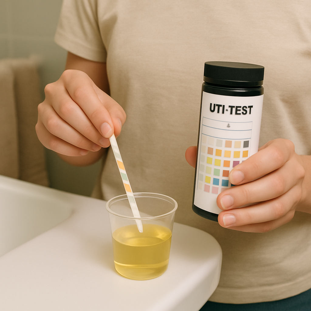 Image of a person using a UTI test strip at home
