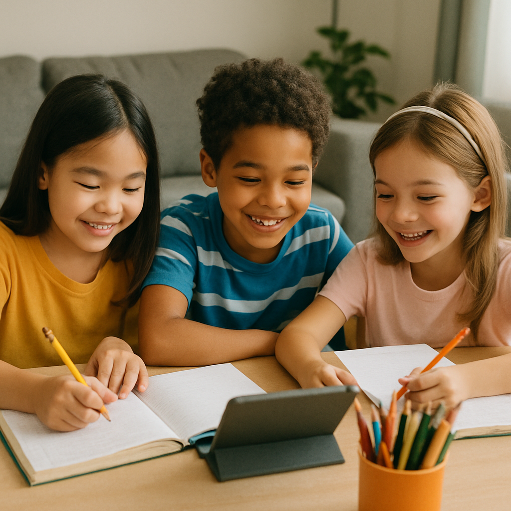Children studying together happily at home