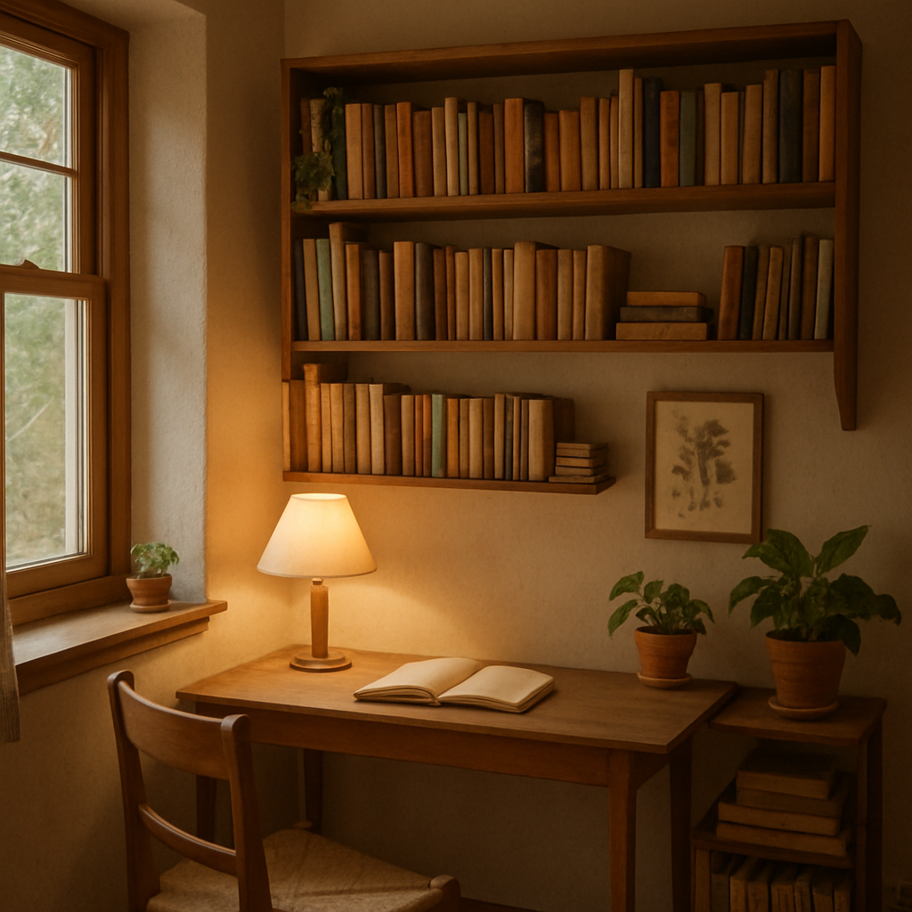 Cozy study nook with desk and books