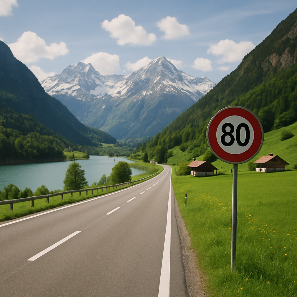 A scenic Swiss road with a speed limit sign