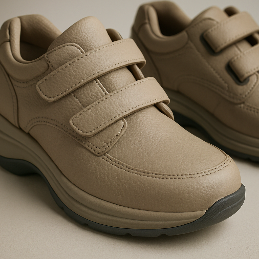 A close-up of orthopedic walking shoes