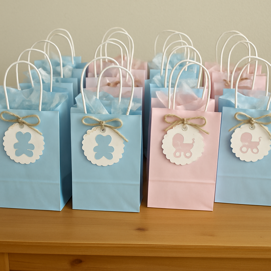 Gift bags filled with baby shower favors on a table
