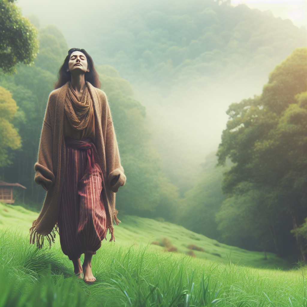 A woman walking barefoot on grass amid nature. She is holding her head up so she is facing the sky.