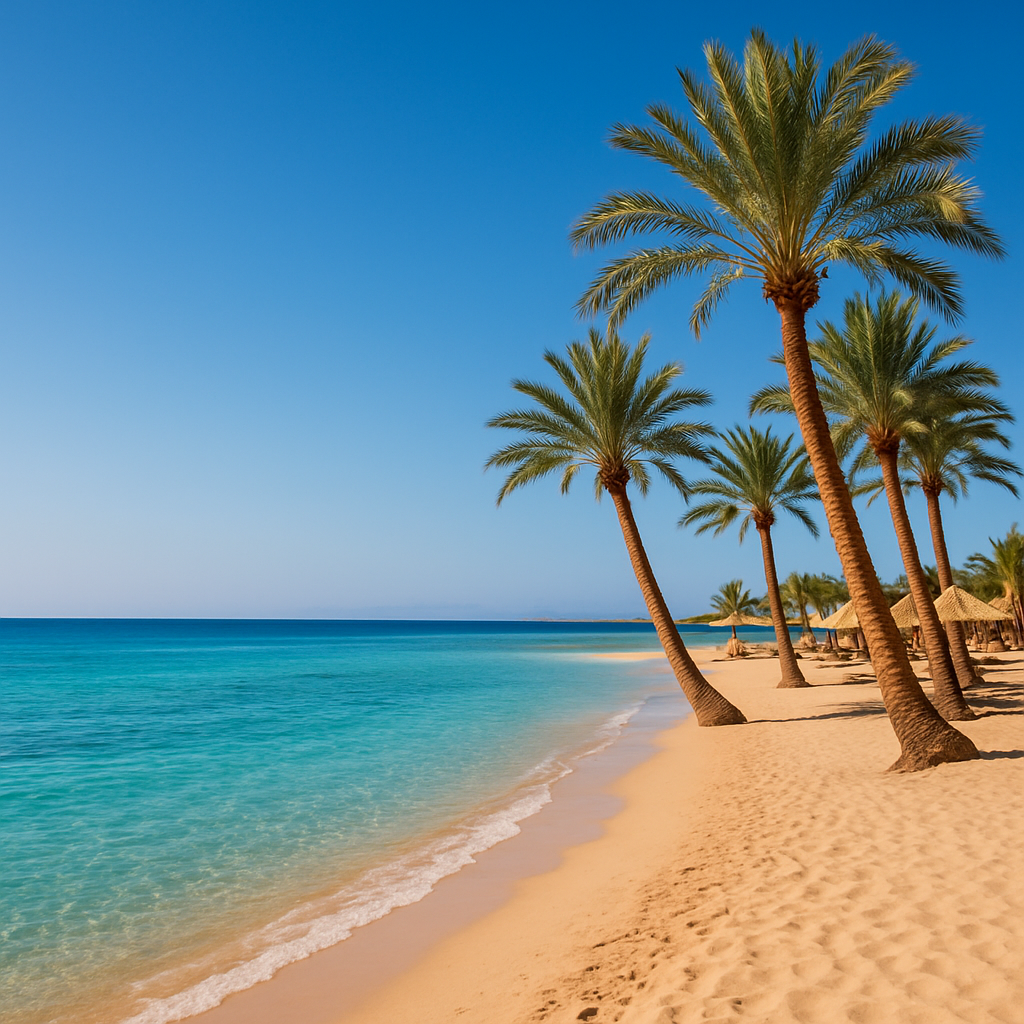 A beautiful beach in Hurghada with clear blue waters and palm trees
