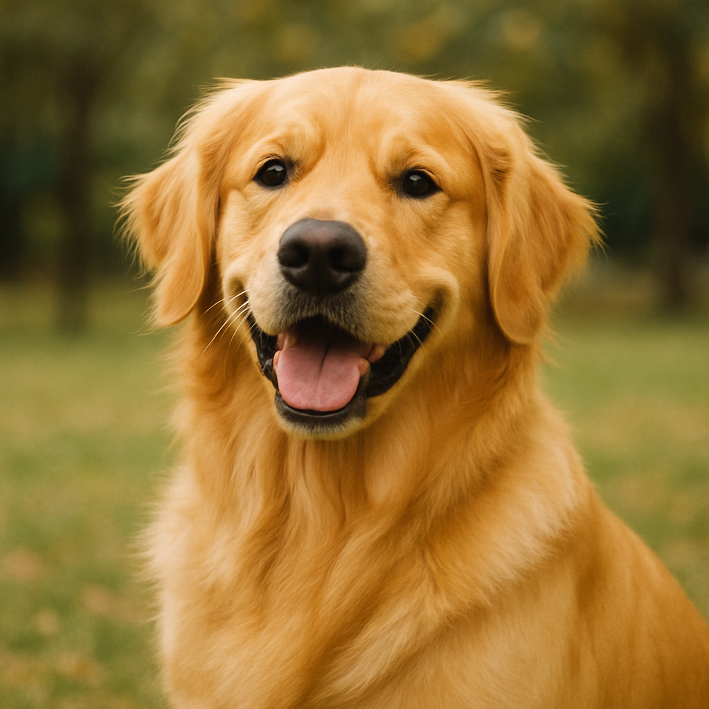 A smiling golden retriever with a golden coat
