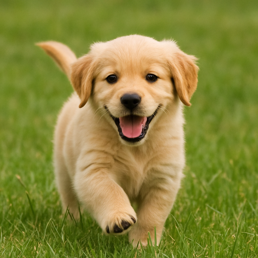 A playful golden retriever puppy in a grassy field