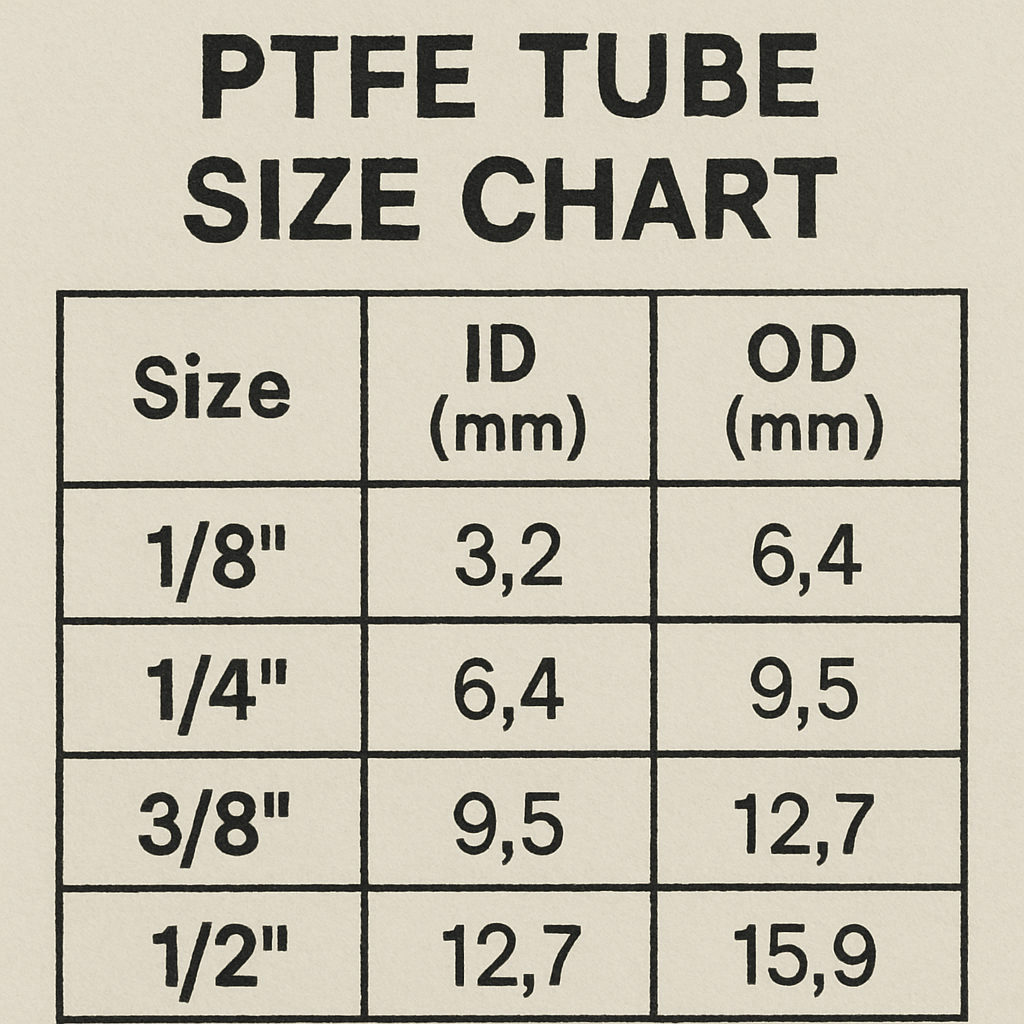 PTFE tube size chart example