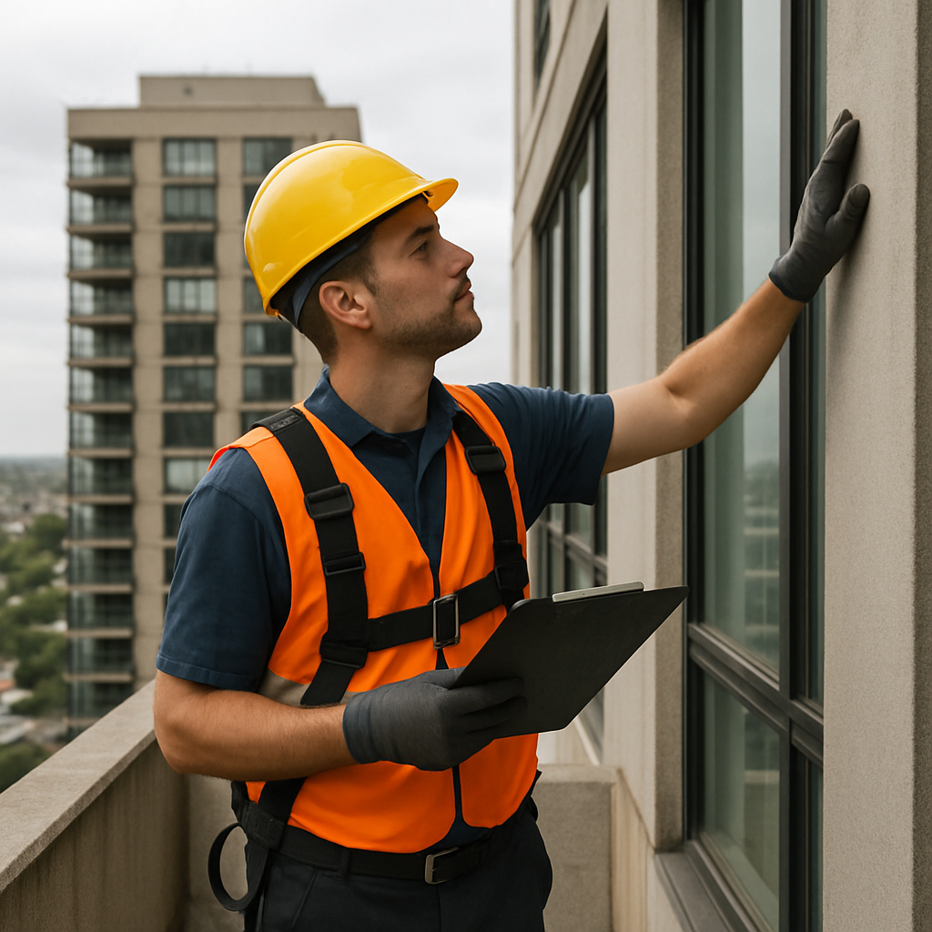Building maintenance worker inspecting a high-rise building
