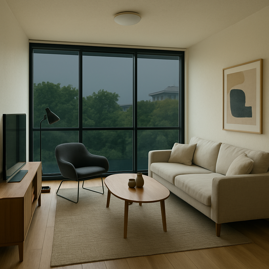 Modern living room with tinted windows