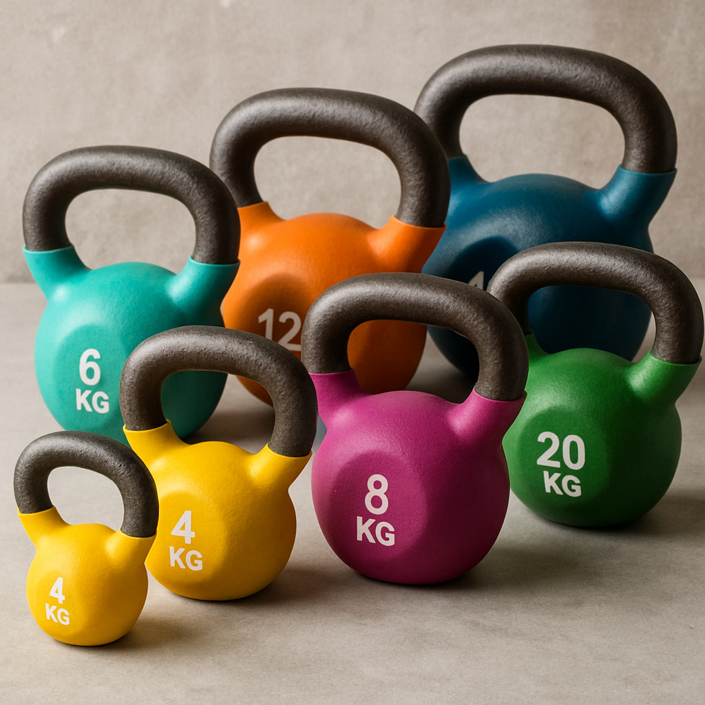 A variety of kettlebells in different weights and colors