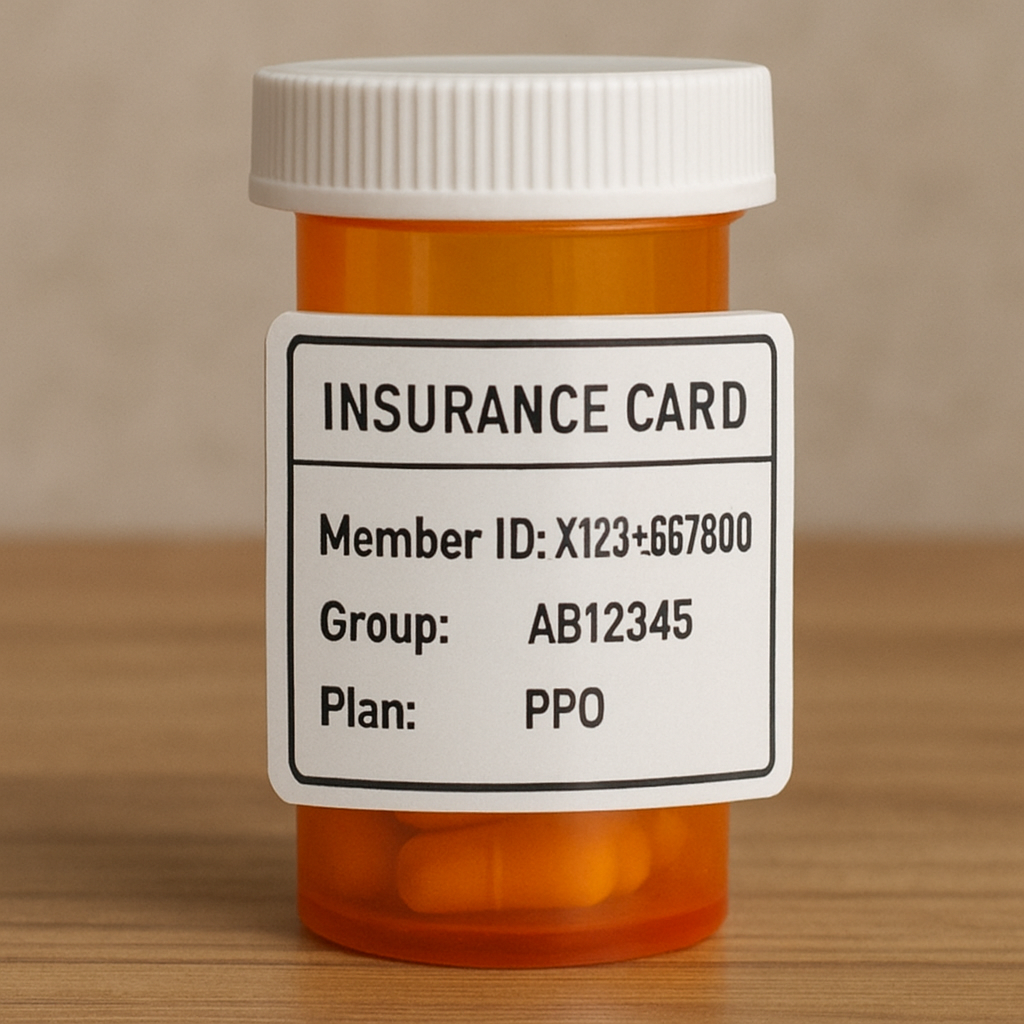 Insurance card on a prescription bottle