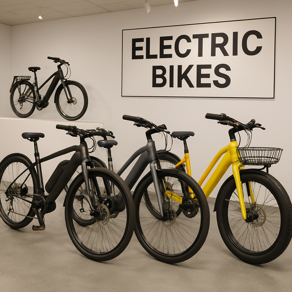 A variety of electric bikes displayed in a showroom