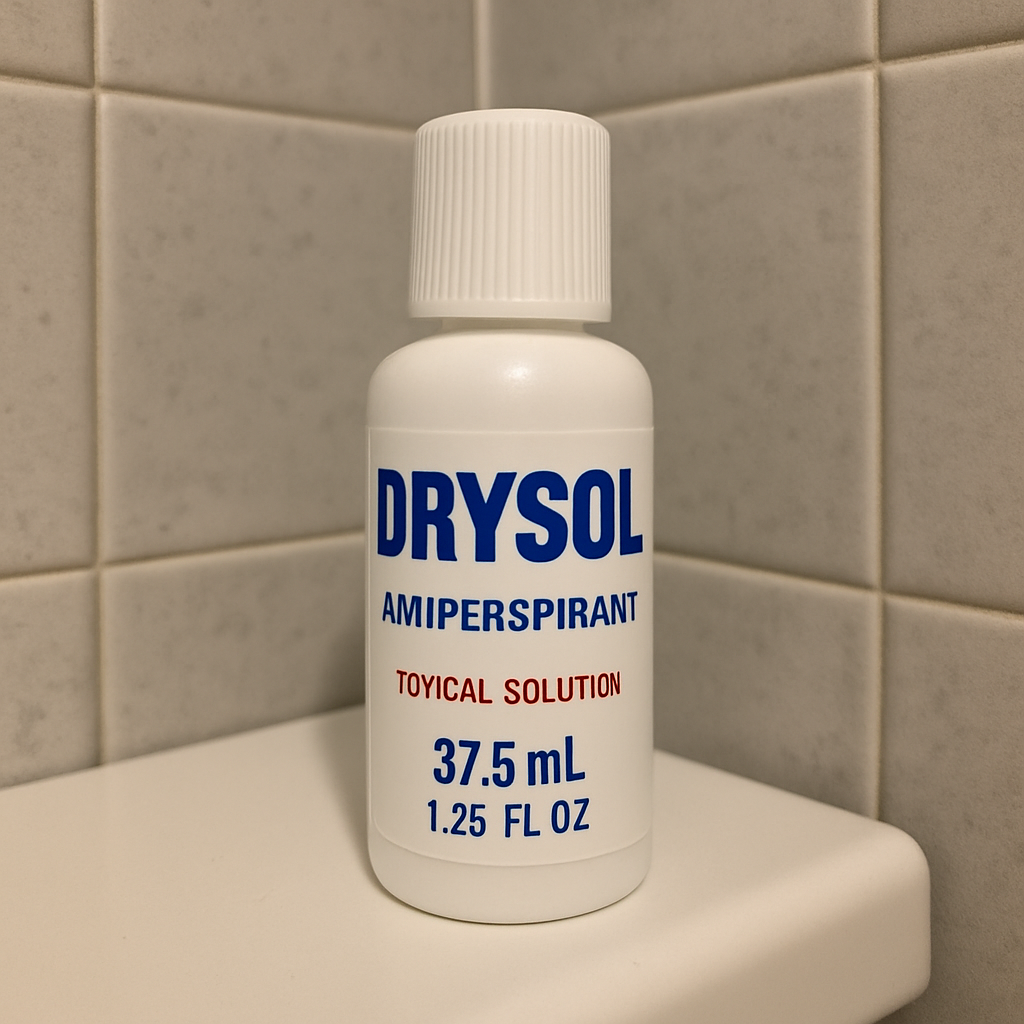 Drysol bottle on a bathroom shelf