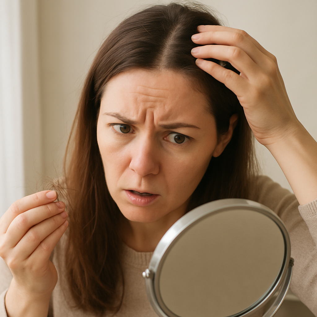 woman examining hair loss in mirror