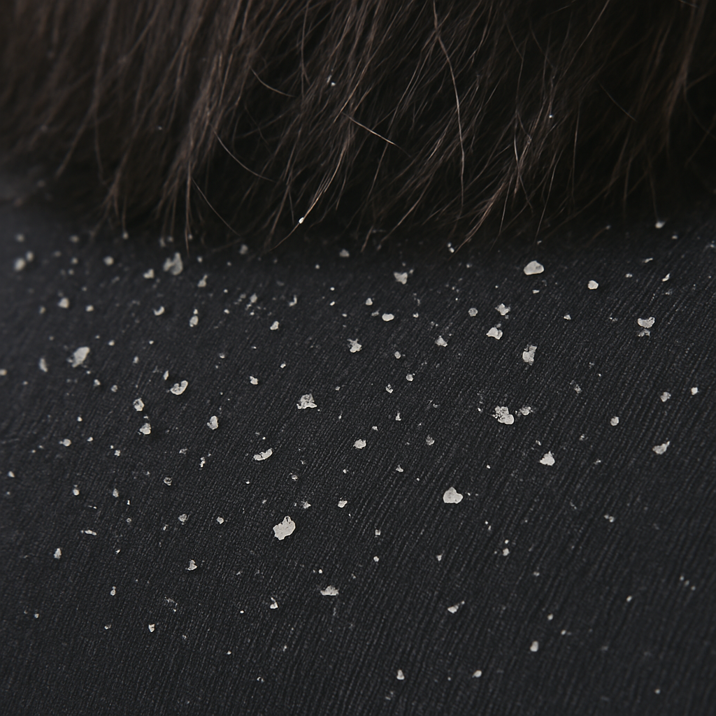 Close-up of dandruff flakes on a dark shirt