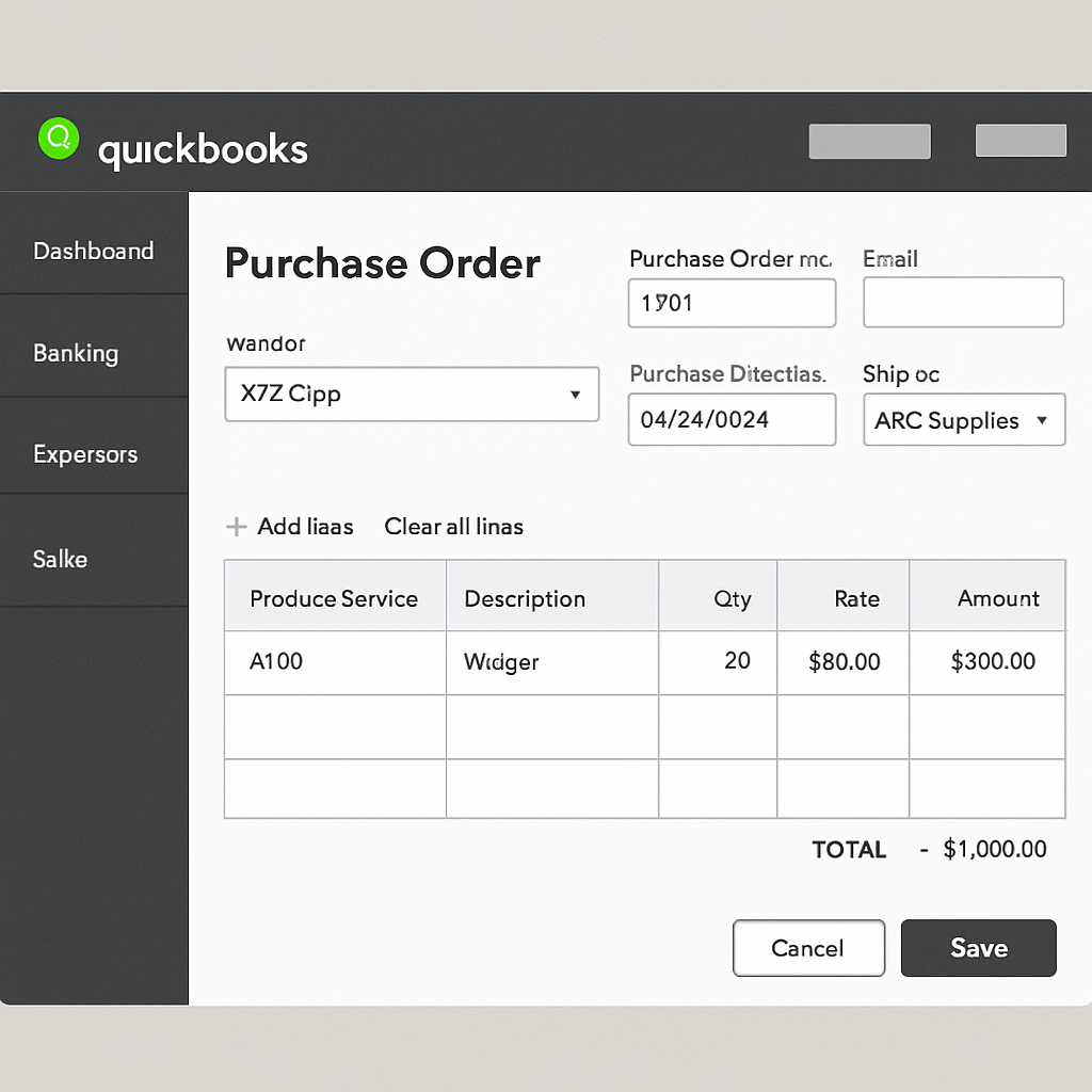 QuickBooks interface showing purchase order creation process