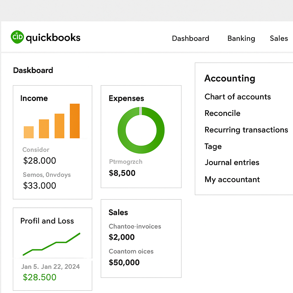 QuickBooks dashboard displaying accounting options