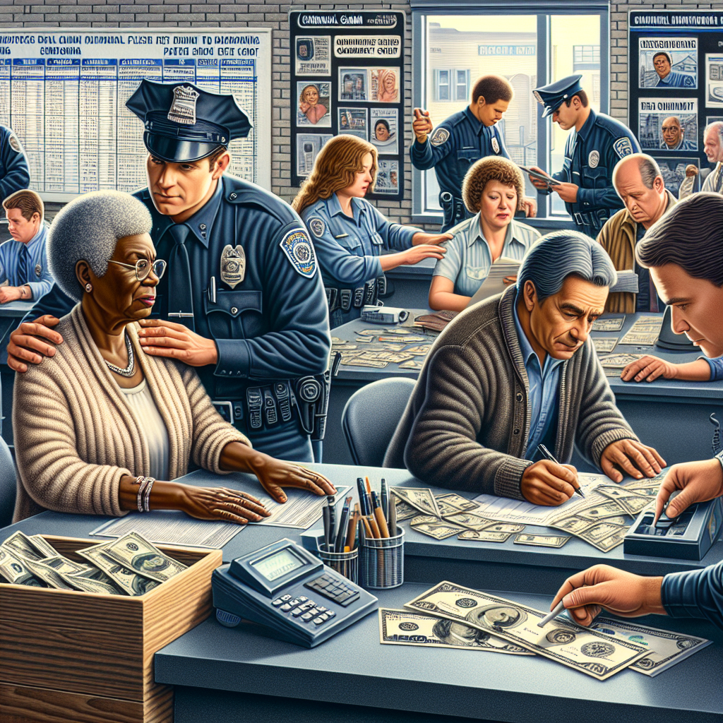 Police officers assisting victims in a financial scam investigation, with individuals filling out reports and handling cash at a police station.