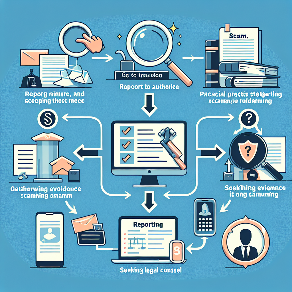 Infographic illustrating steps to report online scams, including gathering evidence, reporting to authorities, seeking legal counsel, and documenting the scam process.