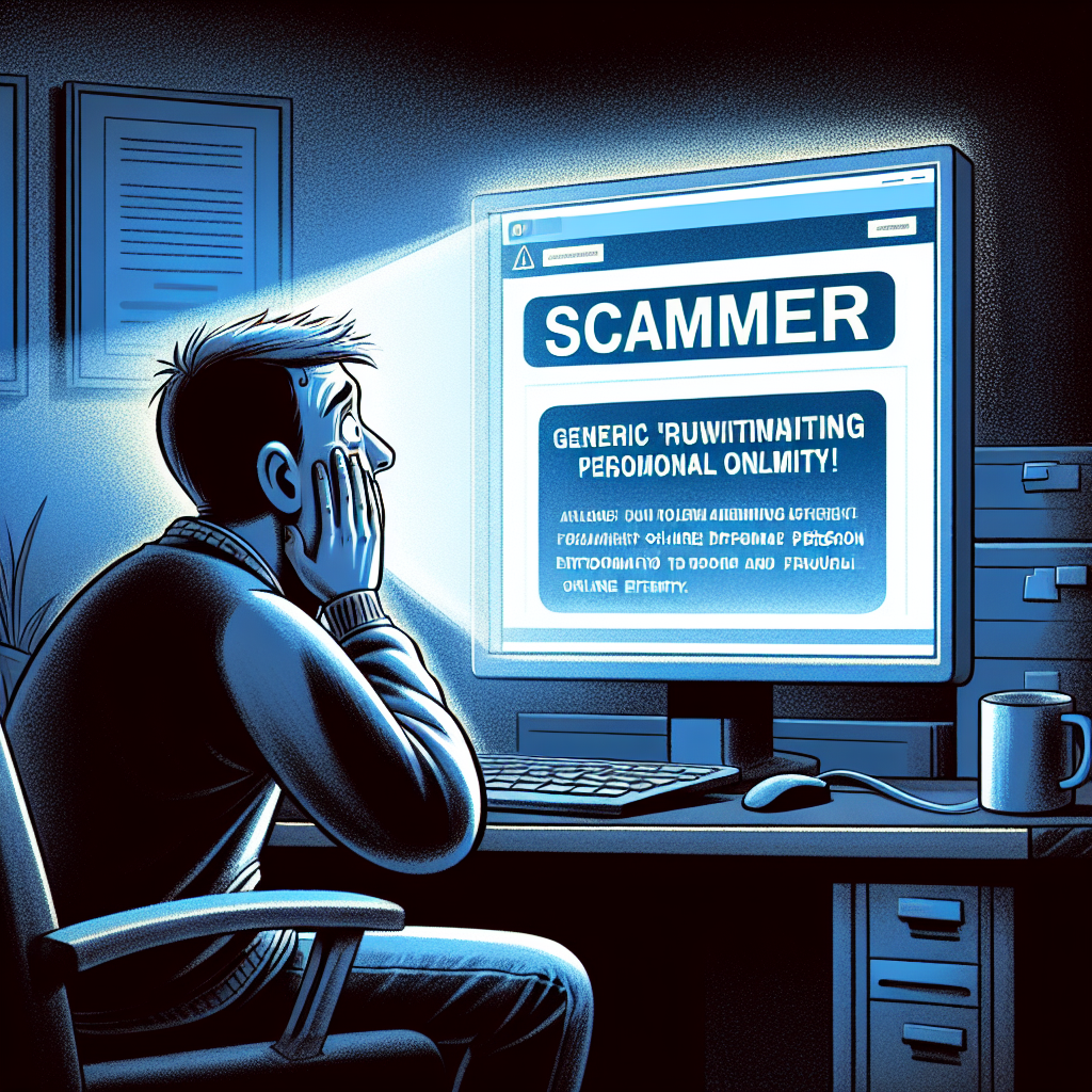 Person sitting at a desk, looking shocked at a computer screen displaying a warning about online scams, emphasizing the urgency of addressing personal information security.