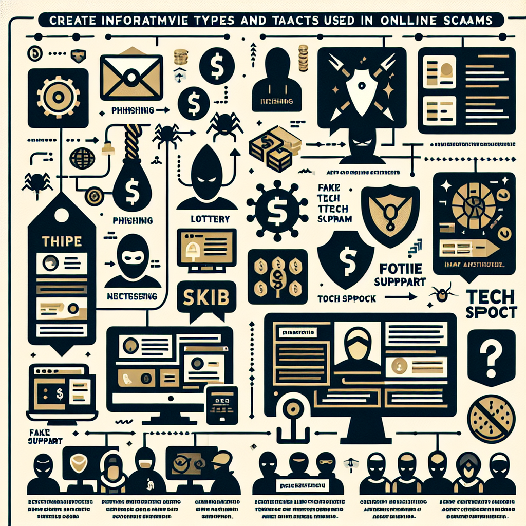 Infographic illustrating various online scam types and tactics, including phishing, lottery scams, fake tech support, and identity theft, with icons representing money, computers, and masked figures.