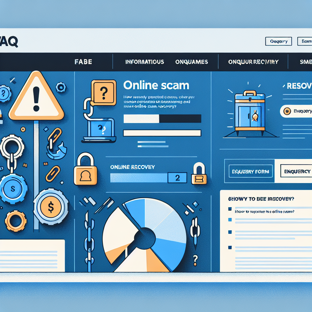 Infographic illustrating online scam recovery processes, featuring warning symbols, locks, pie charts, and progress bars, emphasizing security and recovery steps related to online scams.