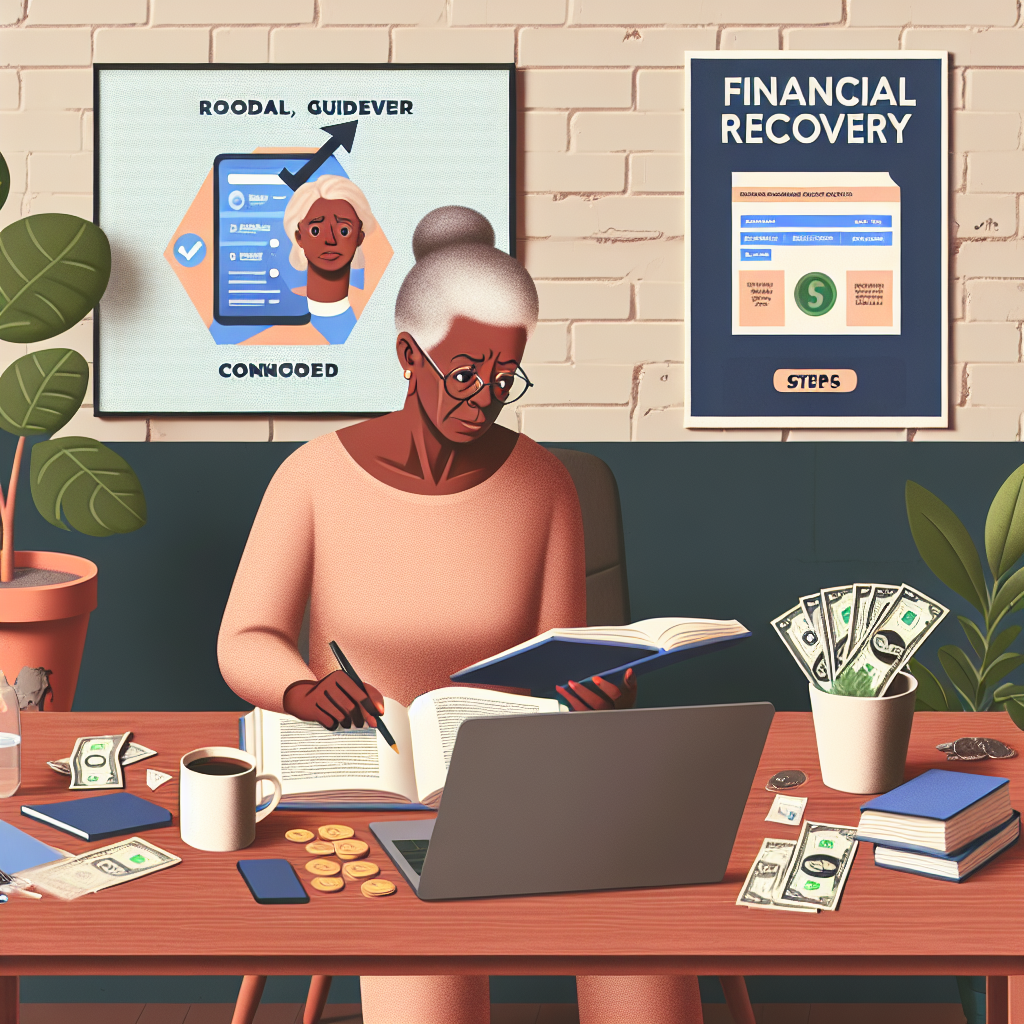 Older woman studying financial recovery strategies at a desk with books, a laptop, and cash, surrounded by visuals on online scams and recovery steps.