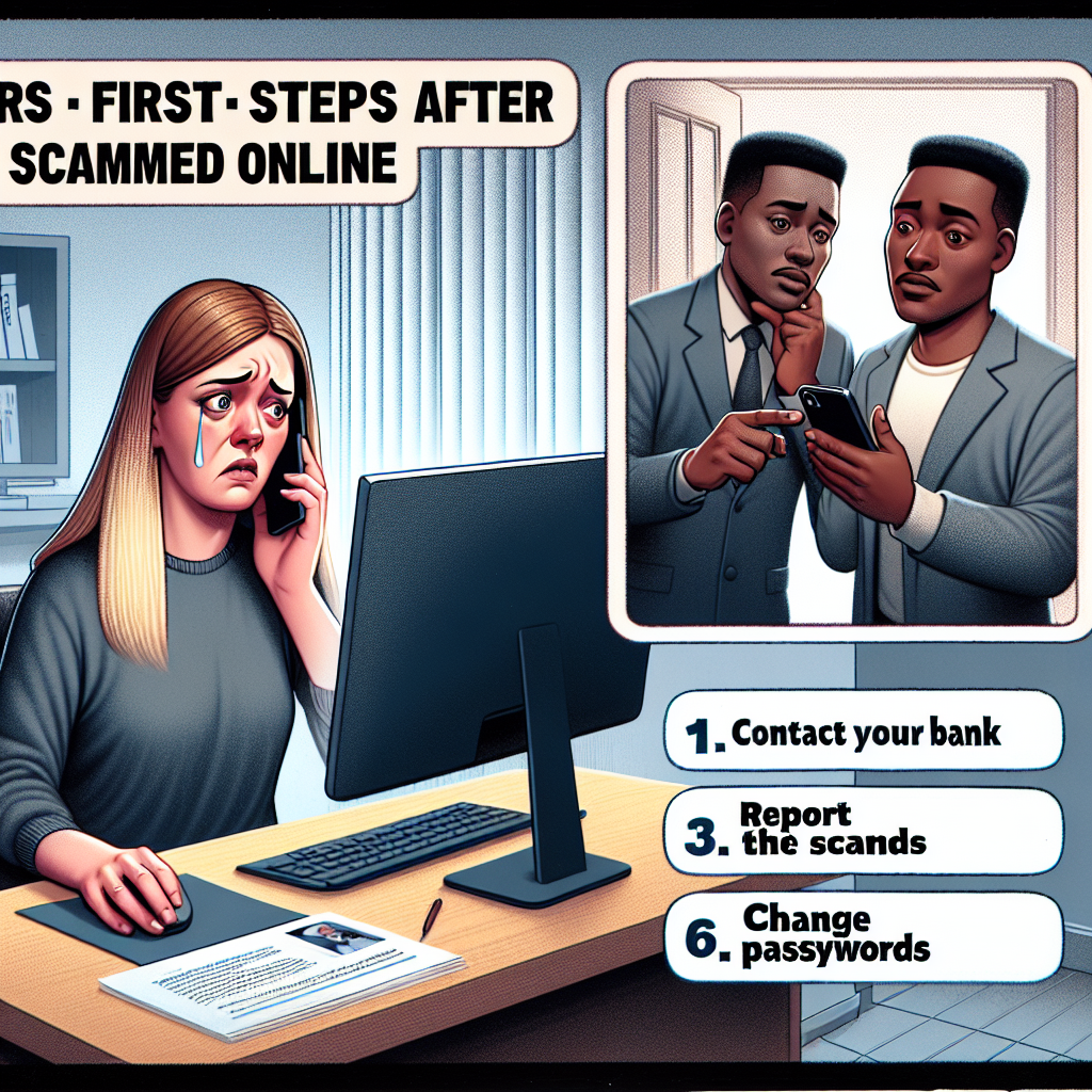 Woman on phone with worried expression and tear, sitting at desk with computer, alongside two men discussing scam recovery steps, highlighting actions like contacting bank and changing passwords.