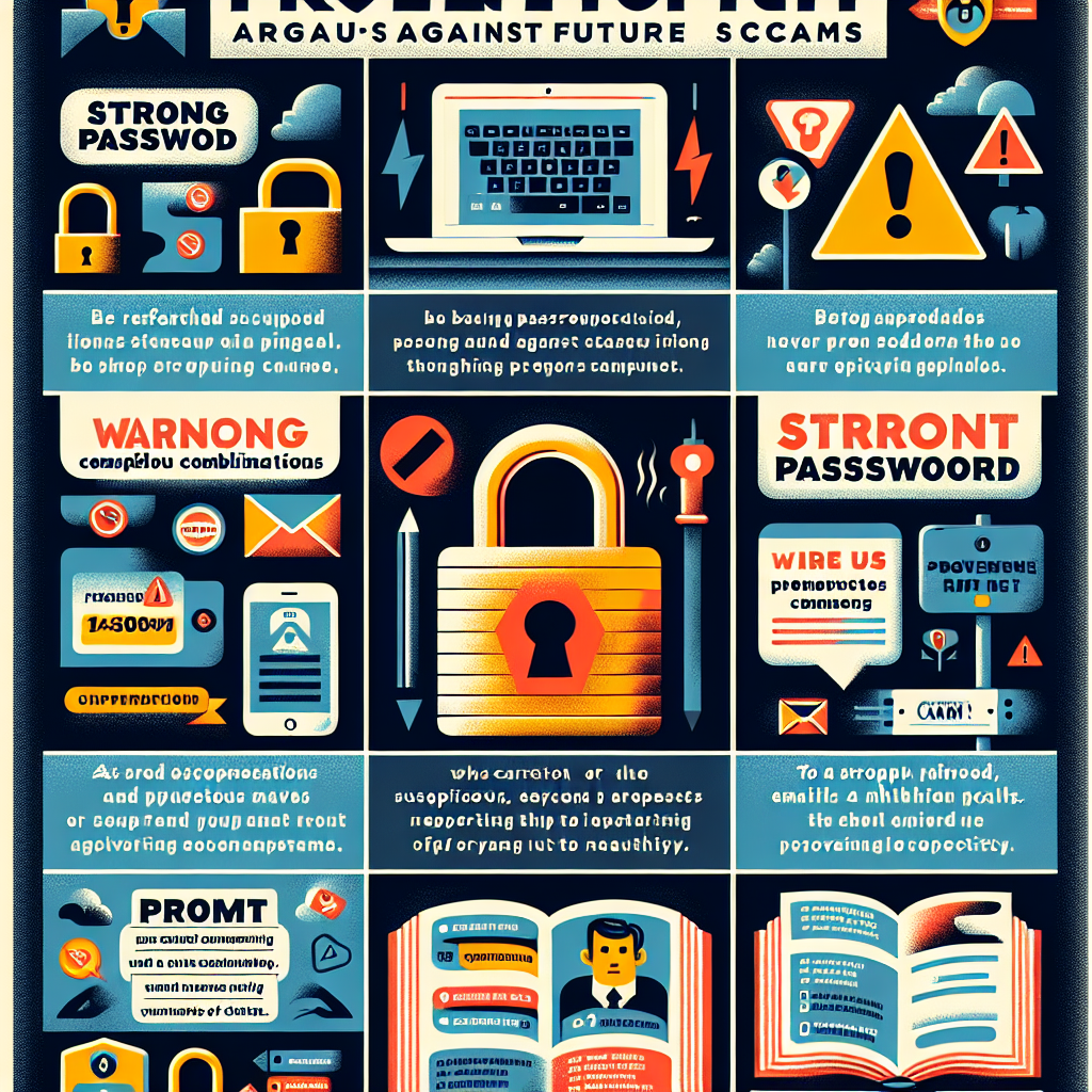 Infographic on online scam prevention featuring strong password tips, warning signs of scams, and advice for securing personal information, emphasizing the importance of vigilance and education against future scams.