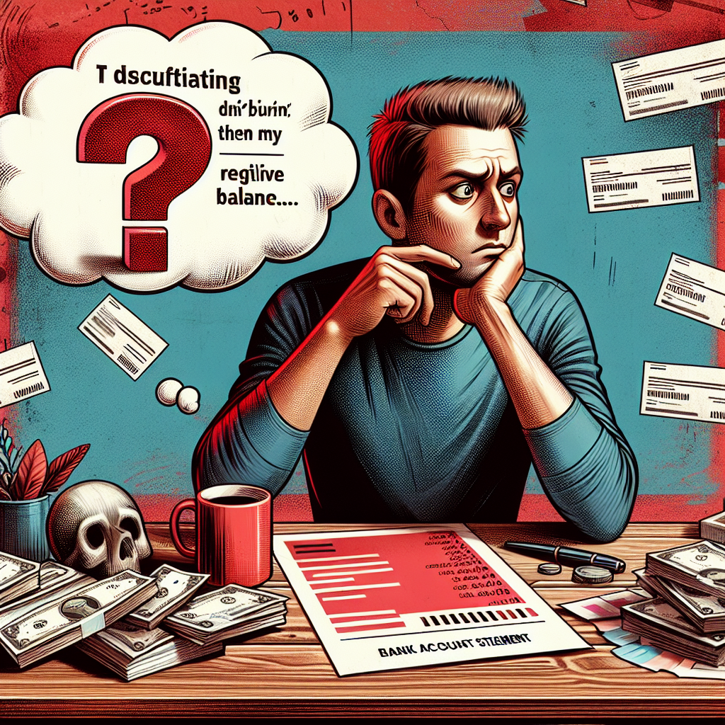 Person looking concerned while examining a bank account statement, surrounded by cash, bills, and a coffee cup, illustrating the stress of unauthorized transactions and financial recovery efforts.