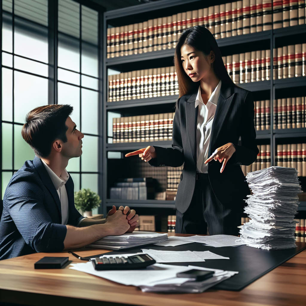 Lawyer discussing legal options with a client in an office, surrounded by stacks of paperwork and law books, emphasizing the importance of legal action against online scams.