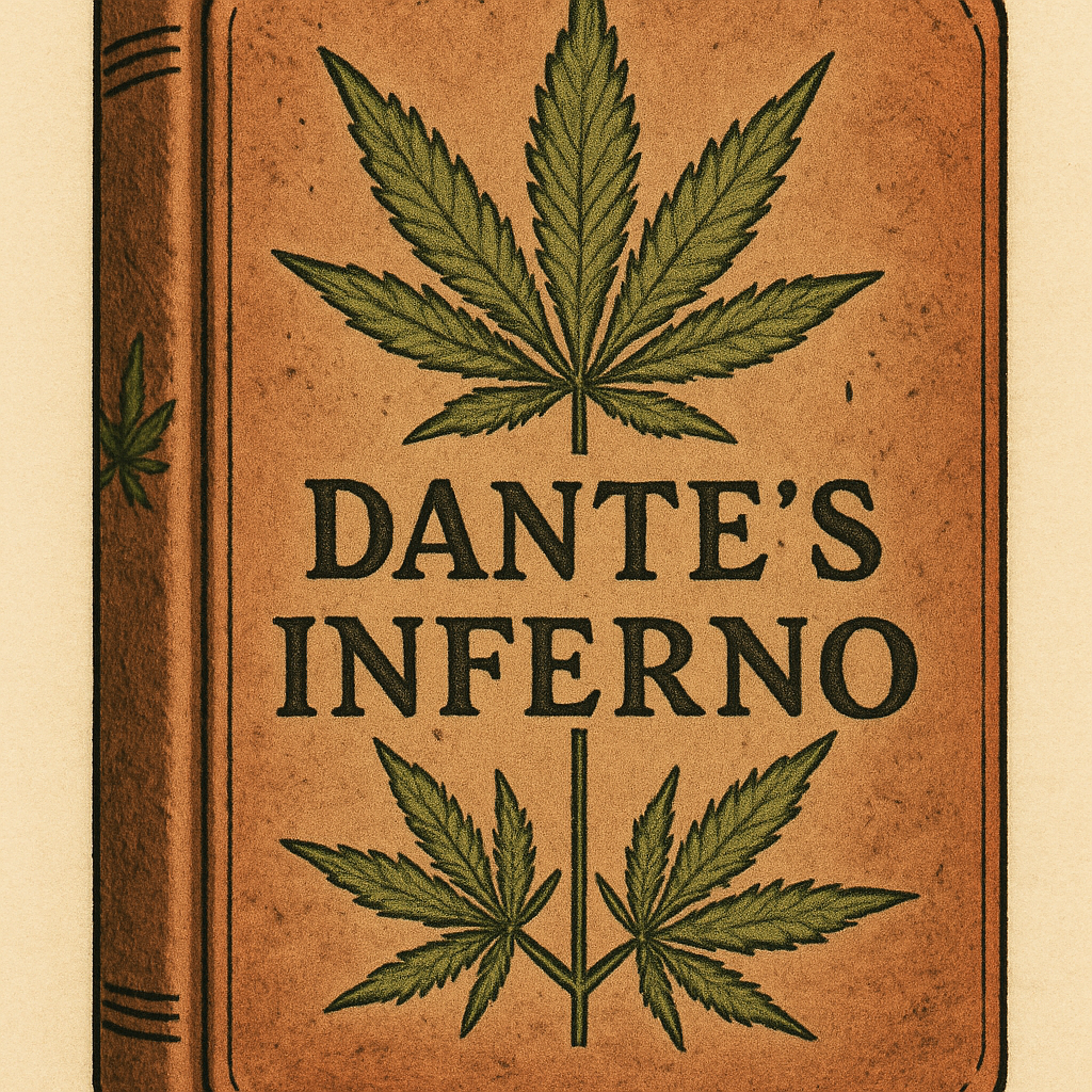 Illustration of Dante’s Inferno book with cannabis leaves