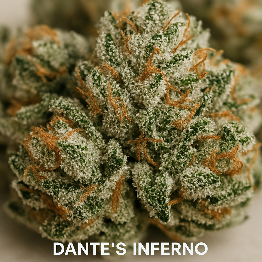 A close-up of Dante's Inferno cannabis buds with frosty trichomes