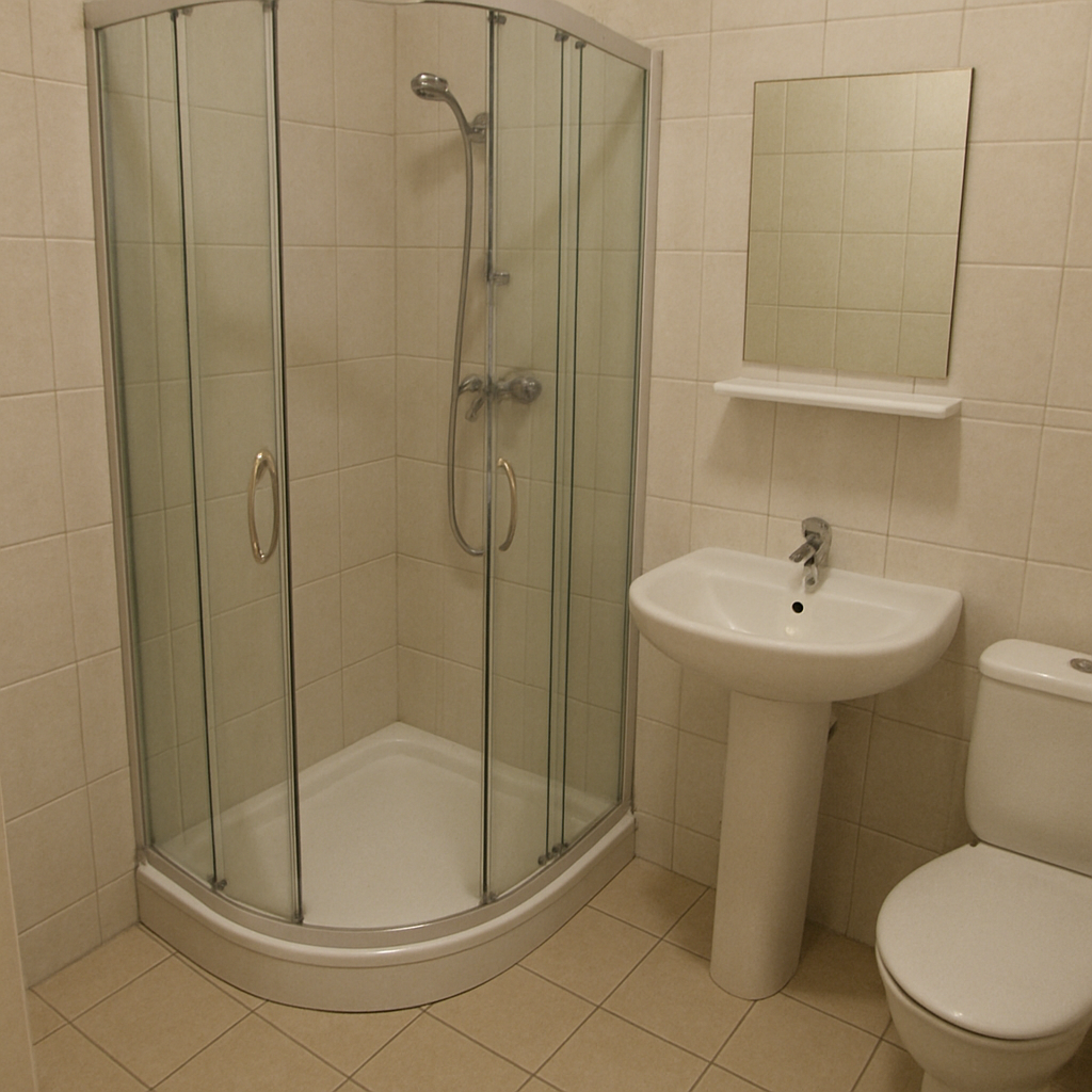 Small bathroom with corner shower enclosure