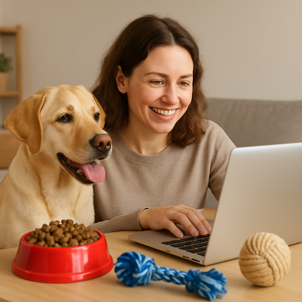 A happy pet owner shopping for pet supplies online