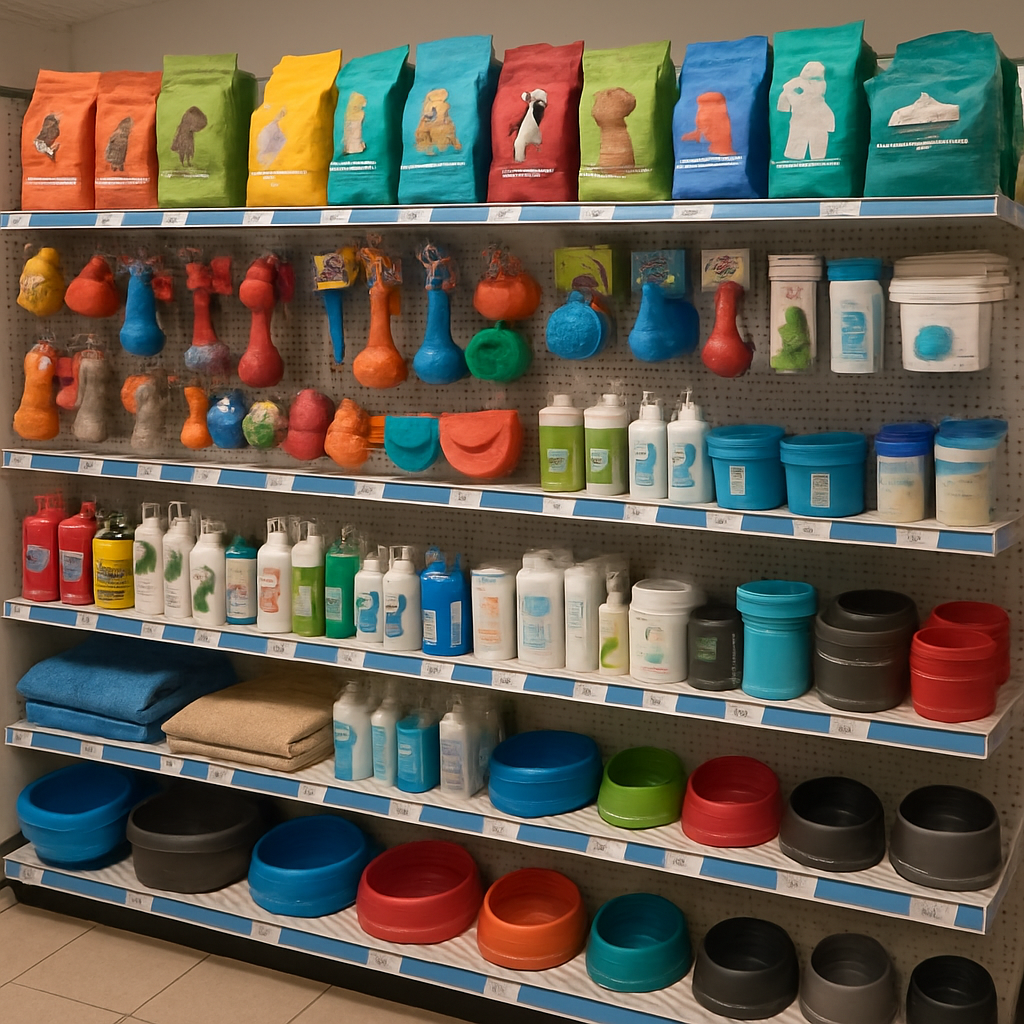 Rows of pet supplies organized in a store