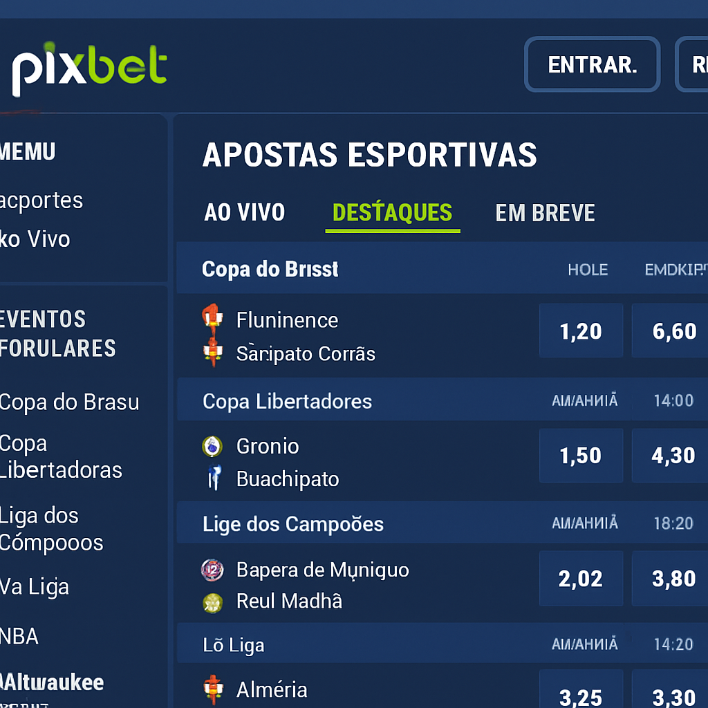 Image of Pixbet homepage, showing betting options and user interface