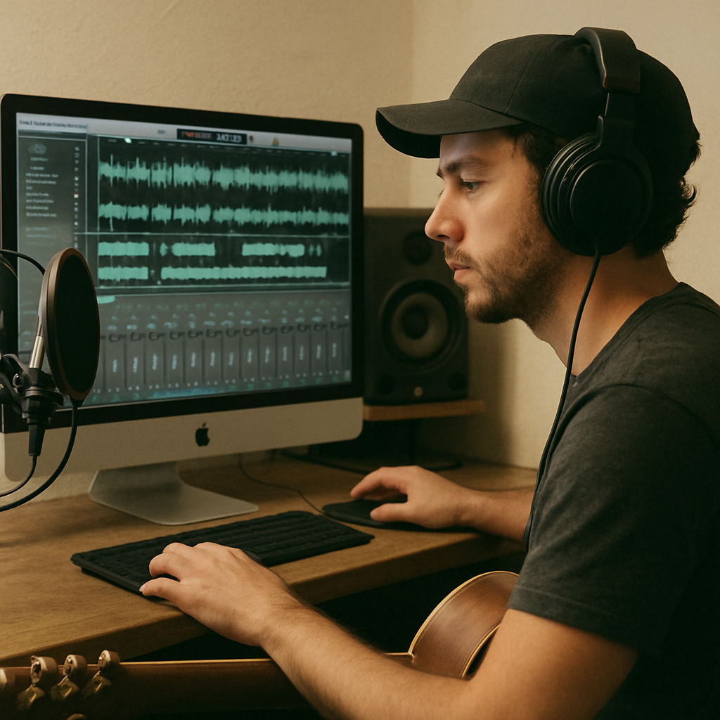 musician editing audio on a computer