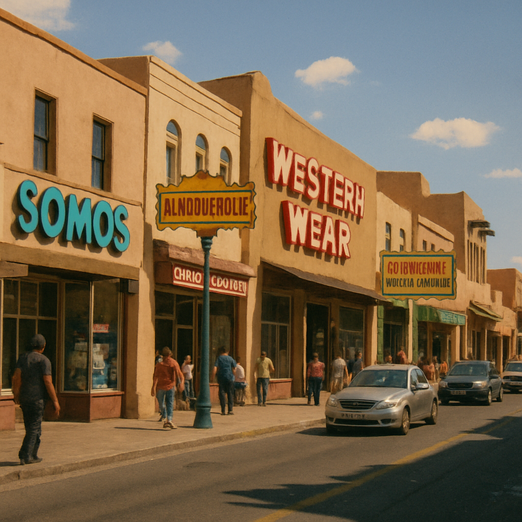 A bustling street in Albuquerque with local businesses