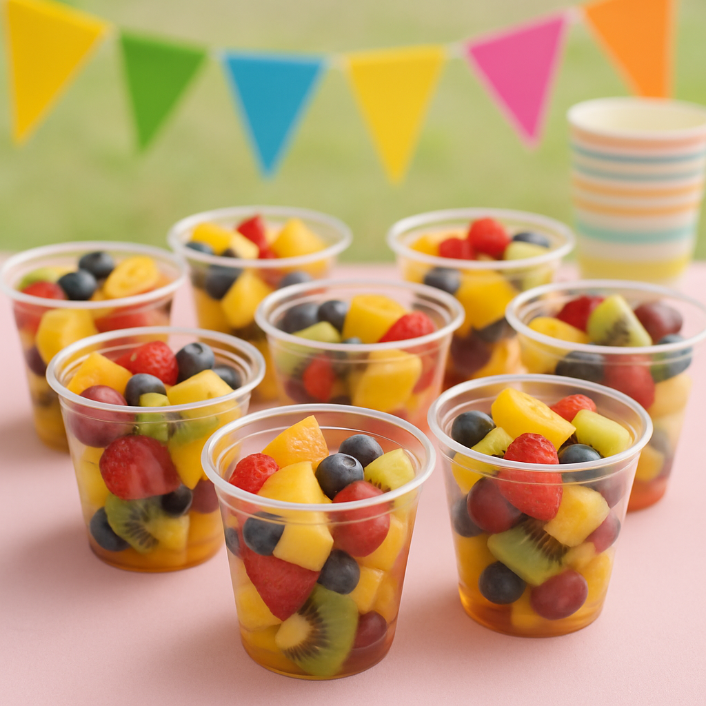 A variety of colorful fruit cups arranged on a party table