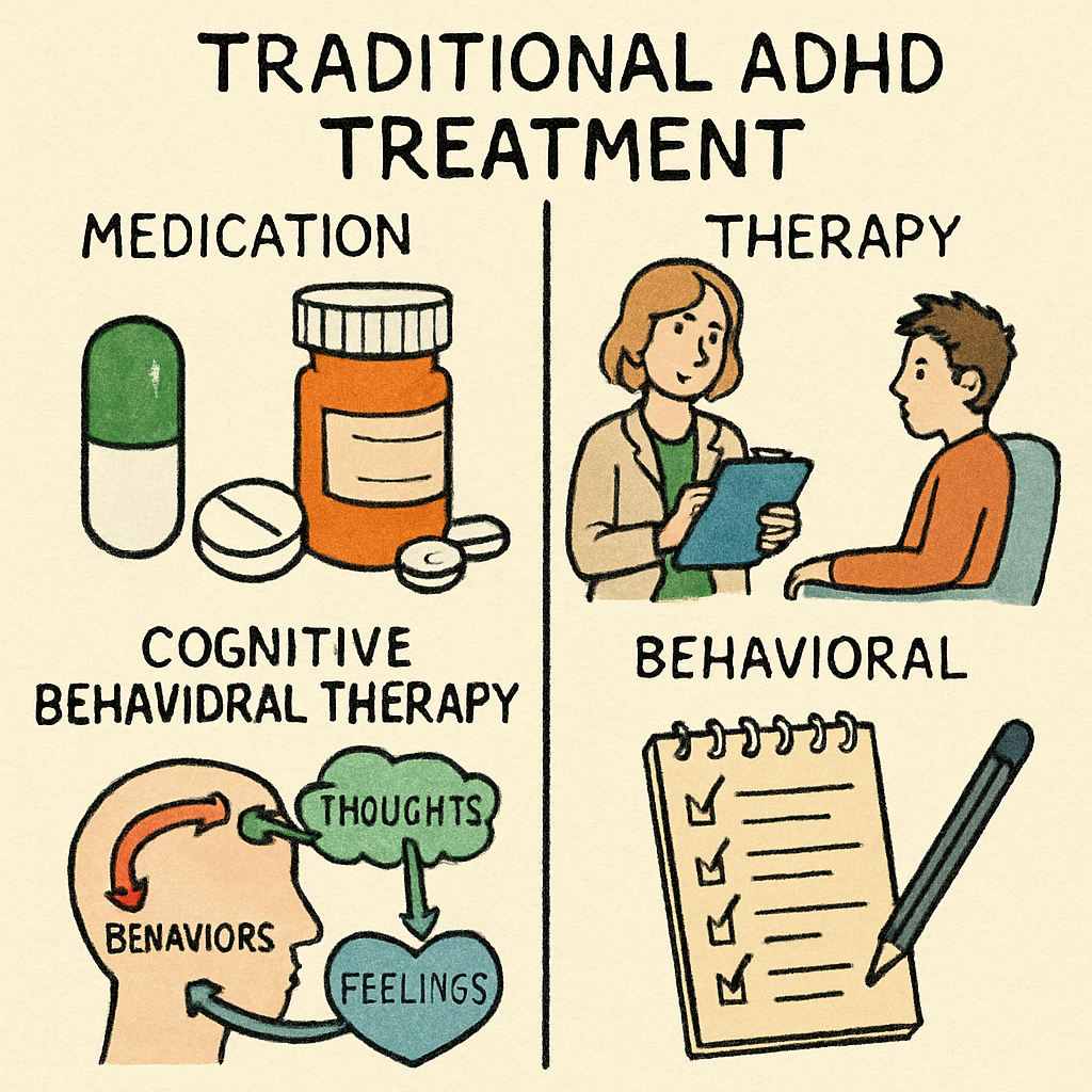 Illustration of traditional ADHD medications and therapy methods