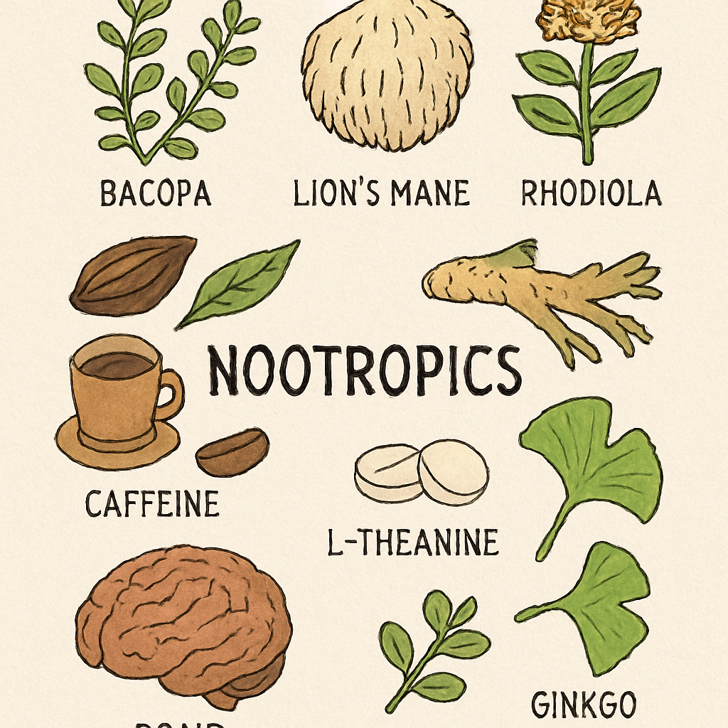 Illustration of various nootropic substances and their sources