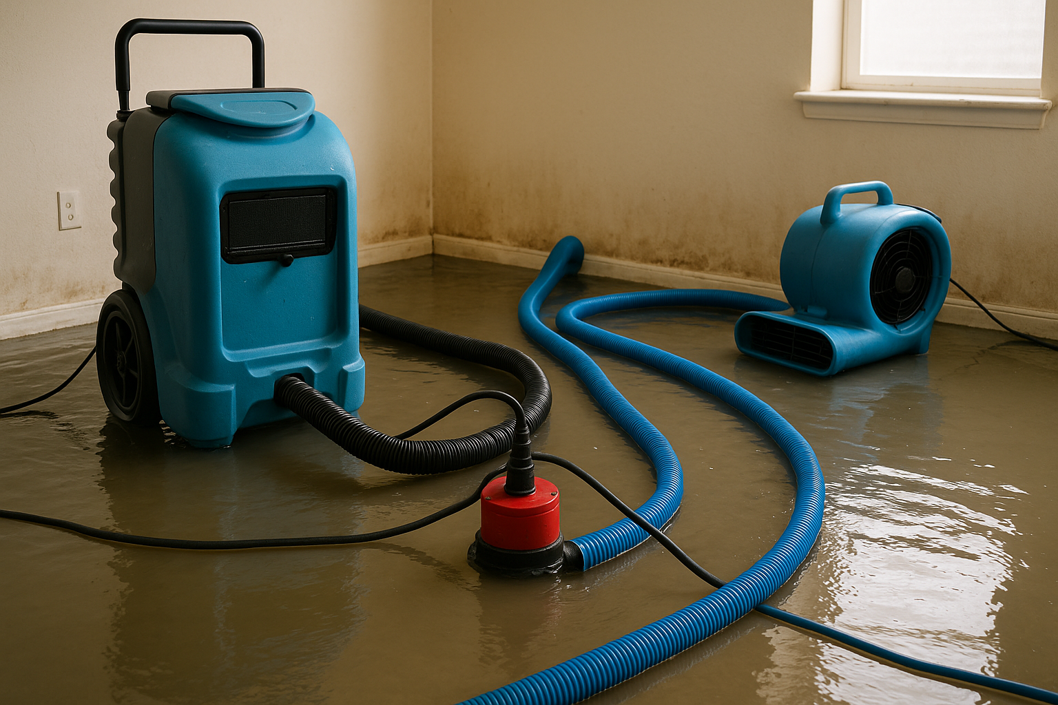 Water extraction equipment being used in a flood-affected room