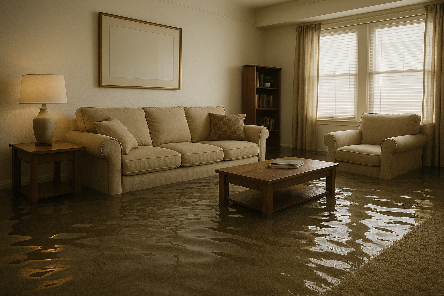 A flooded living room with furniture and waterlogged carpet